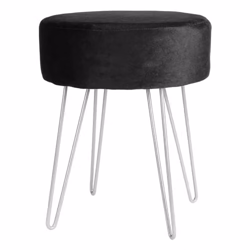 Harbour Housewares Round Velvet Footstool in Black with Silver Legs, H41 x D45 cm