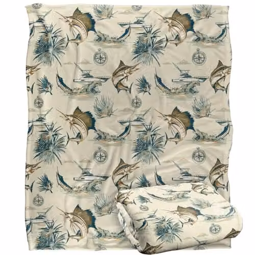 JQ Licensing Billfish Tiki Fishing Pattern 2 Super Soft Fleece Throw Blanket in White, W/D/H: 152 x 127 cm