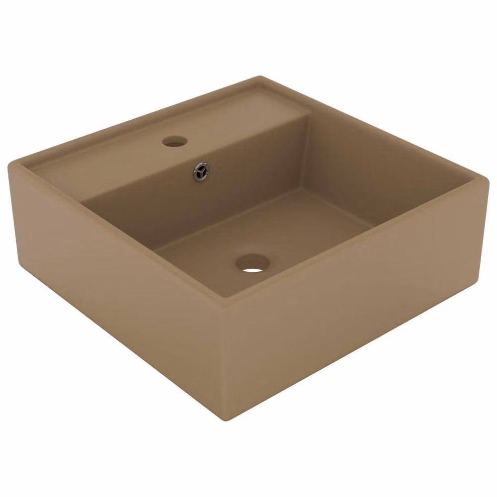 Berkfield Home Luxury Square Ceramic Countertop Basin with Overflow in Tan/Beige, W: 41 cm, D: 41 cm, H: 15 cm – 1