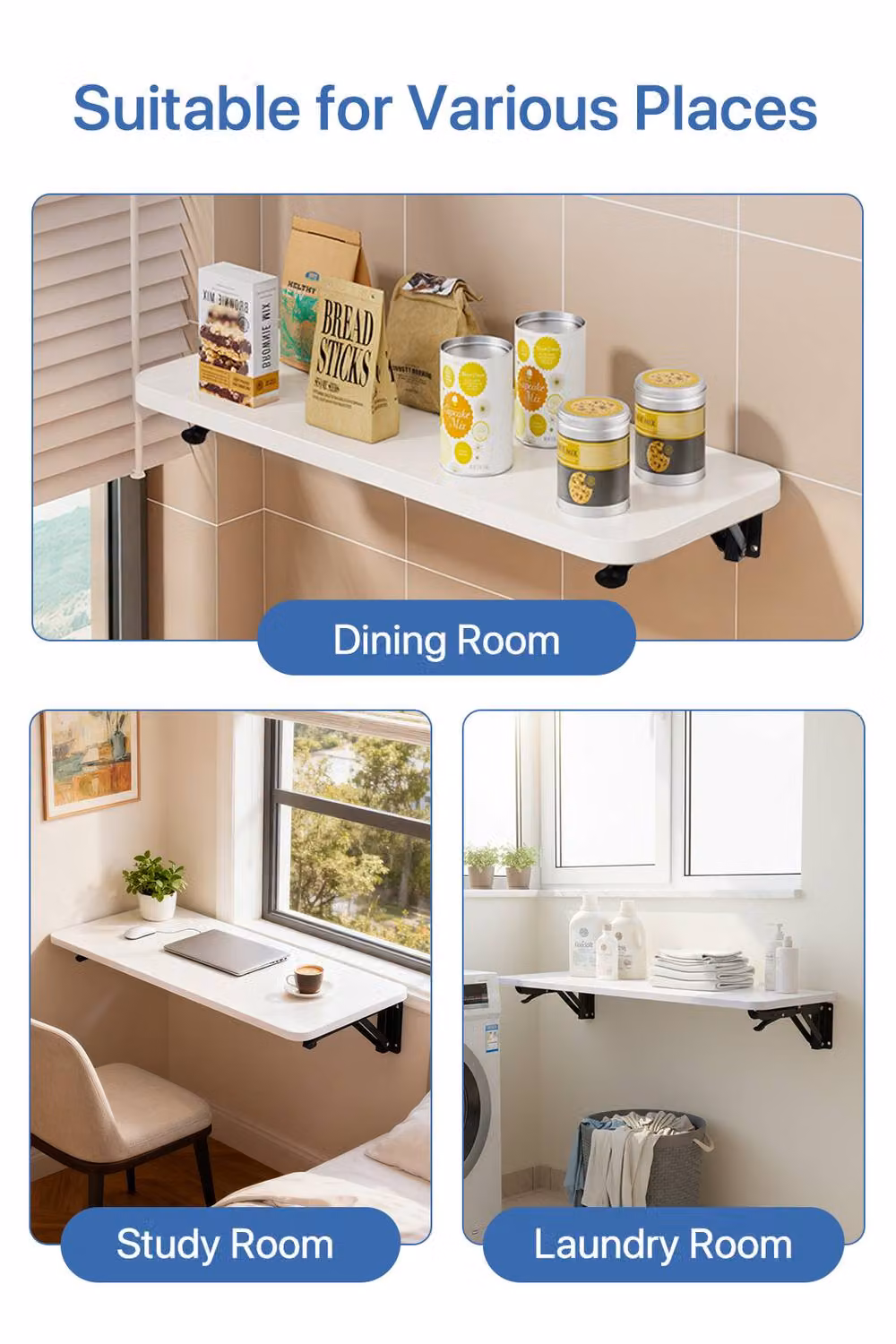 Living and Home White Wall-Mounted Folding Table with Metal Brackets – 3