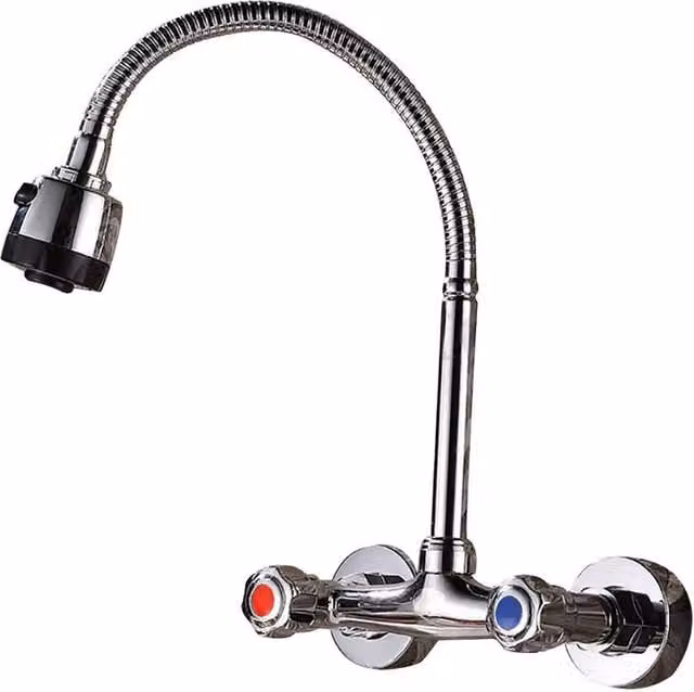 Ventryn Wall Mounted Kitchen Mixer Faucet with Swivel Spout and Spray Function in Chrome Silver – 1