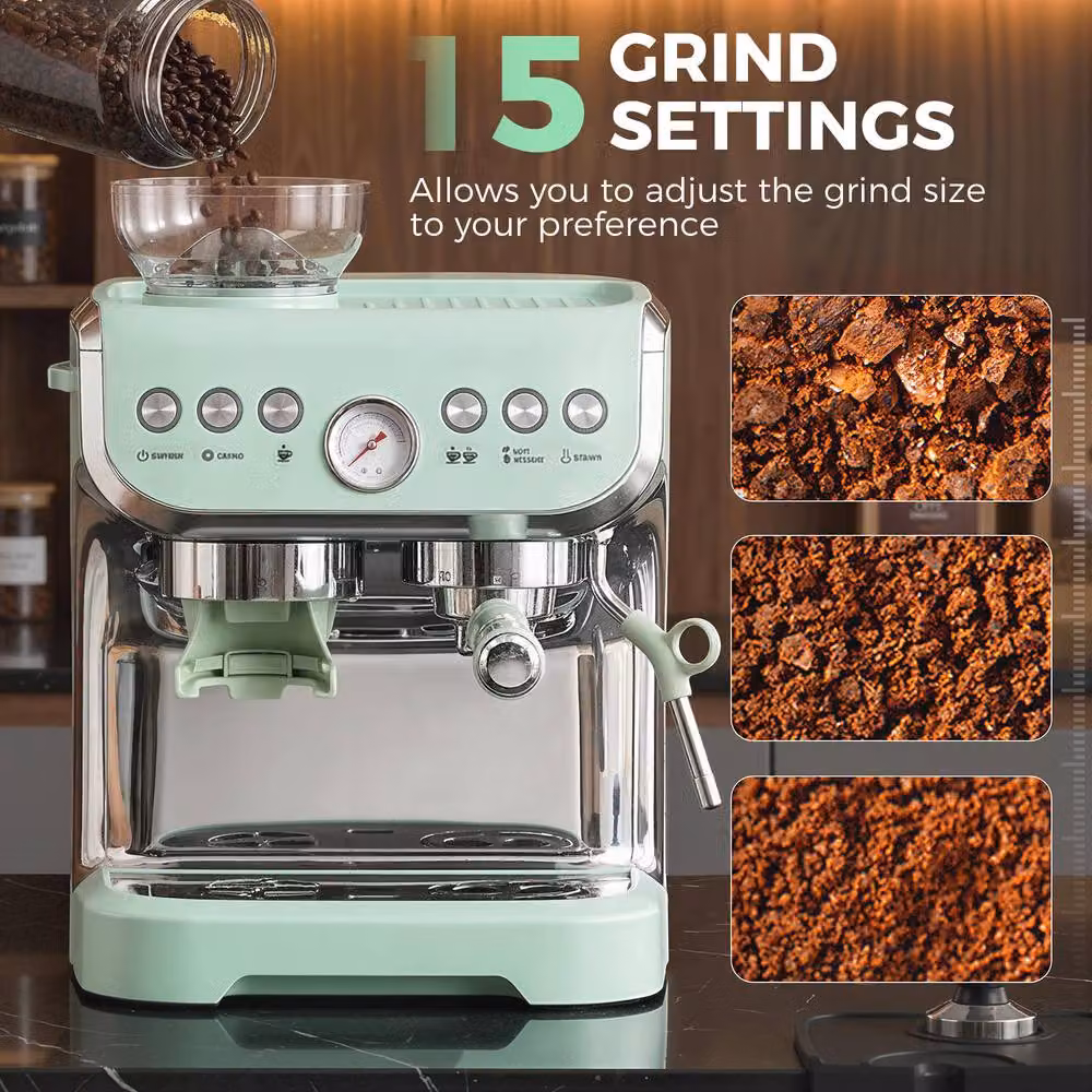 HOMCOM Espresso Machine with Bean Grinder and Steam Wand, 15 Bar Pressure, Light Green – 3