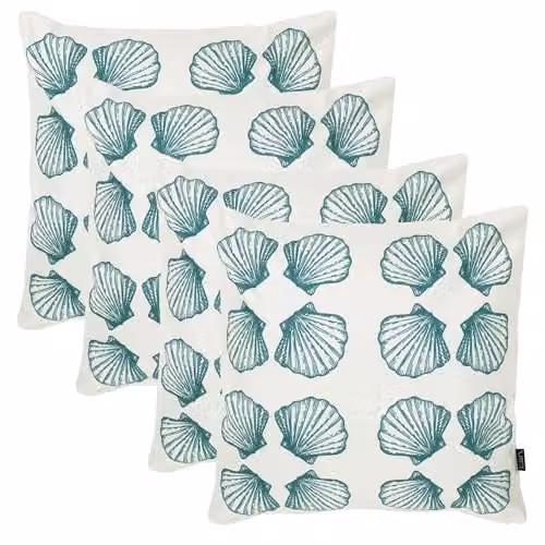 icon Set of 4 Indoor Outdoor Square Cushions, Seashell Design, Off-White, W/D/H: 43 x 43 x 43 cm