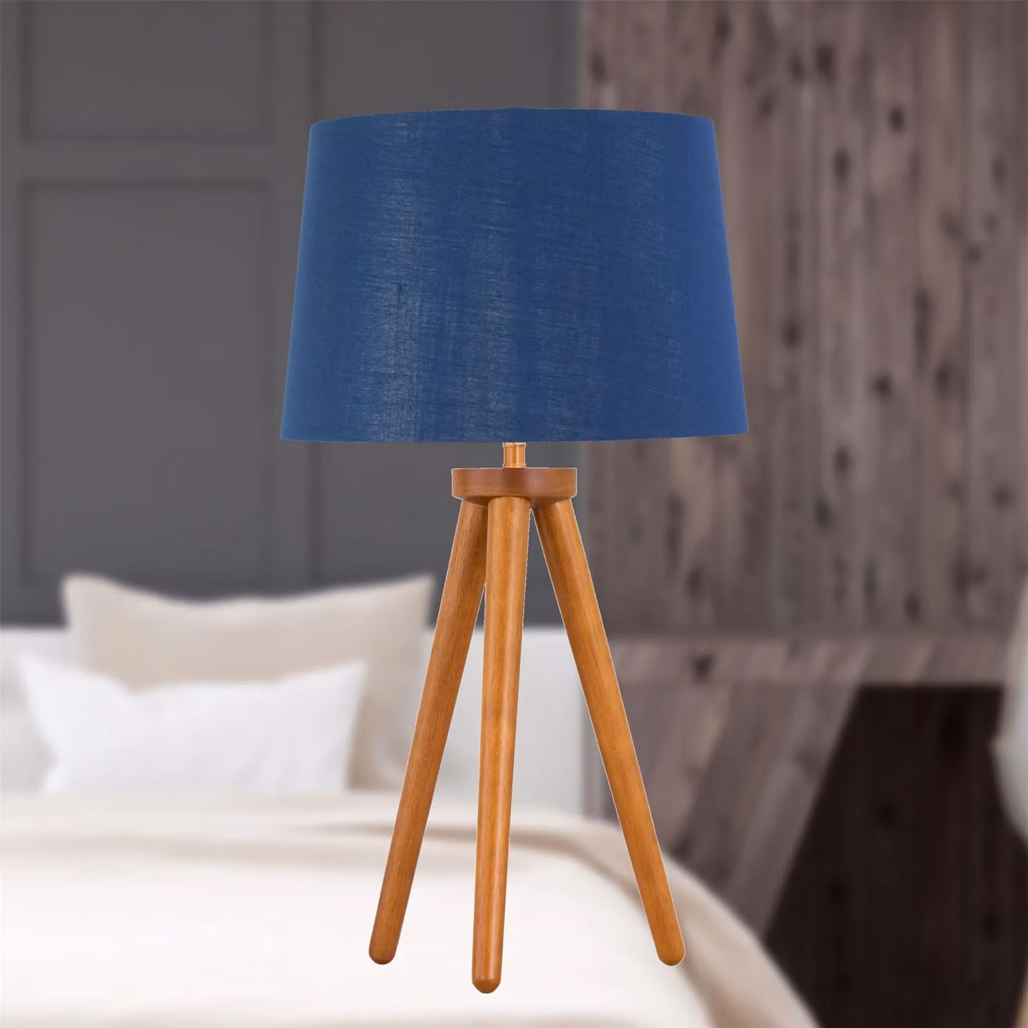 First Choice Lighting Set of 2 Dark Oak Table Lamps with Navy and Silver Fabric Shades in Brown, H: 51.0 cm, W: 28.5 cm, D: 28.5 cm – 3