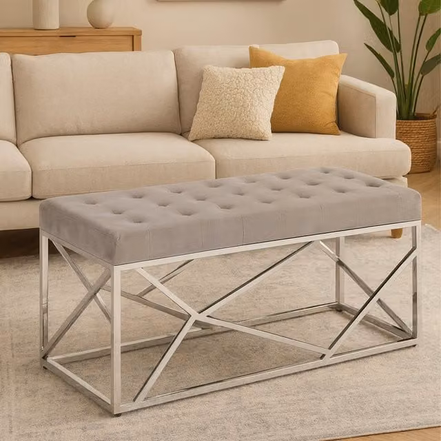 Orsina Brown Velvet Straight Dining Bench with Glossy Silver Metal Frame