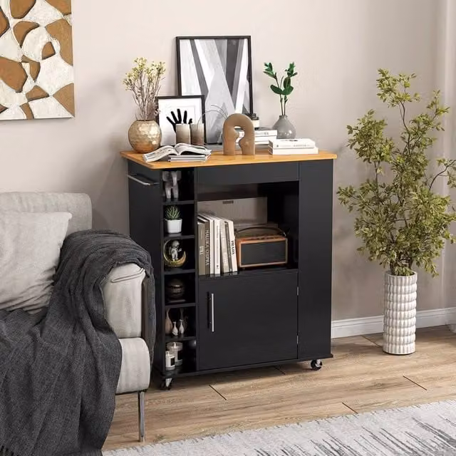 KORVIXA Black Rolling Kitchen Island Storage Cabinet Cart with Bamboo Top