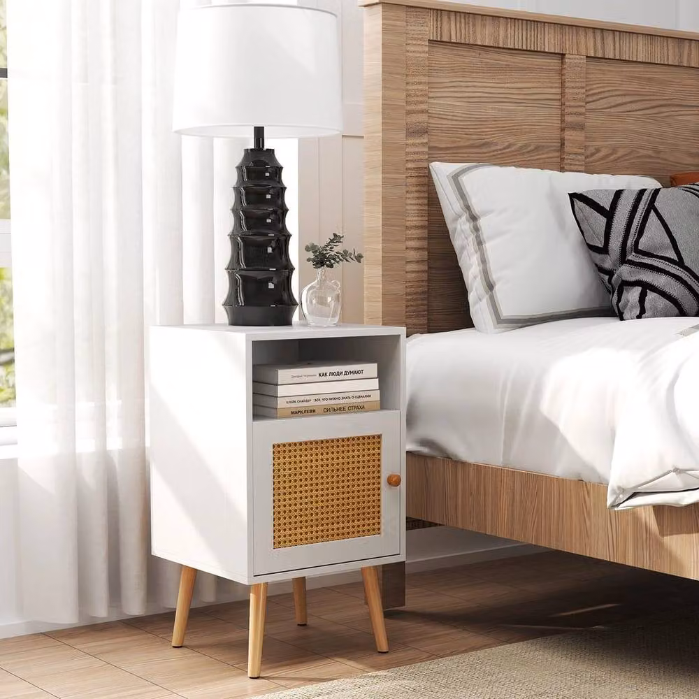 FORGEVIO Bedroom Bedside Table with Rattan Decorated Storage Door in White – 2