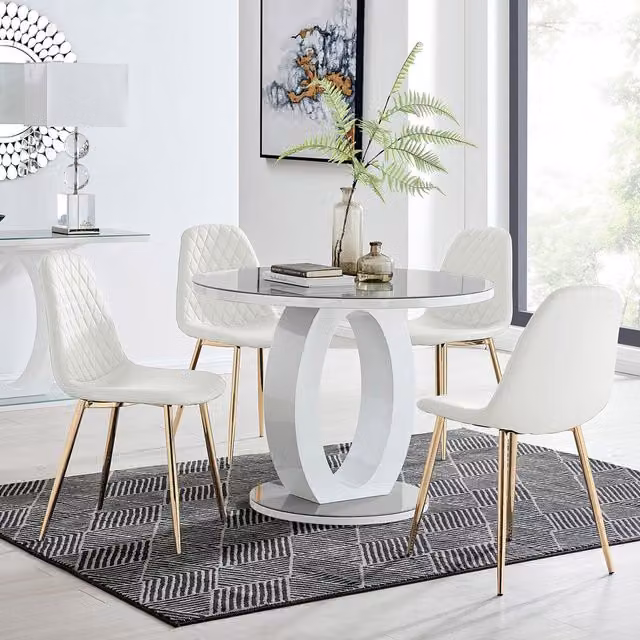 FurnitureboxUK Giovani Round Grey Glass Dining Table and 4 Corona Gold Chairs Set in White, Diameter: 120 cm