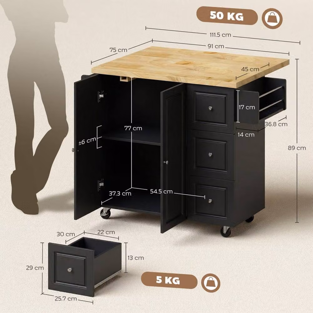 Wyld Haus Black Rolling Kitchen Island with Drop Leaf, Drawers, Towel and Spice Racks, W/D/H: 89 x 45 x 45 cm – 4