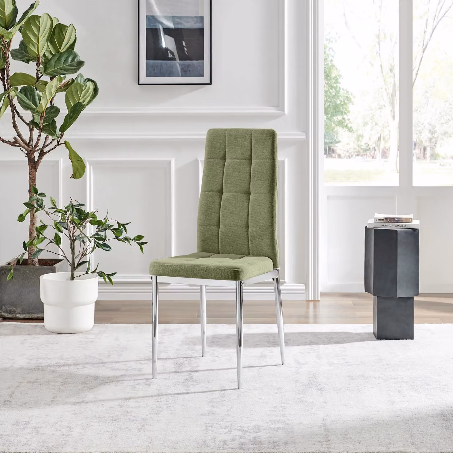 FurnitureboxUK Set of 2 Paloma Modern Fabric Dining Chairs with Silver Metal Legs in Green – 2