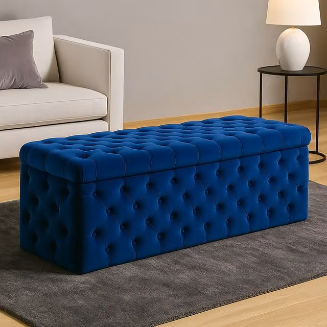 R&M Furnishers Wide Lux Chesterfield Ottoman Storage Box in Sapphire Blue Plush Velvet