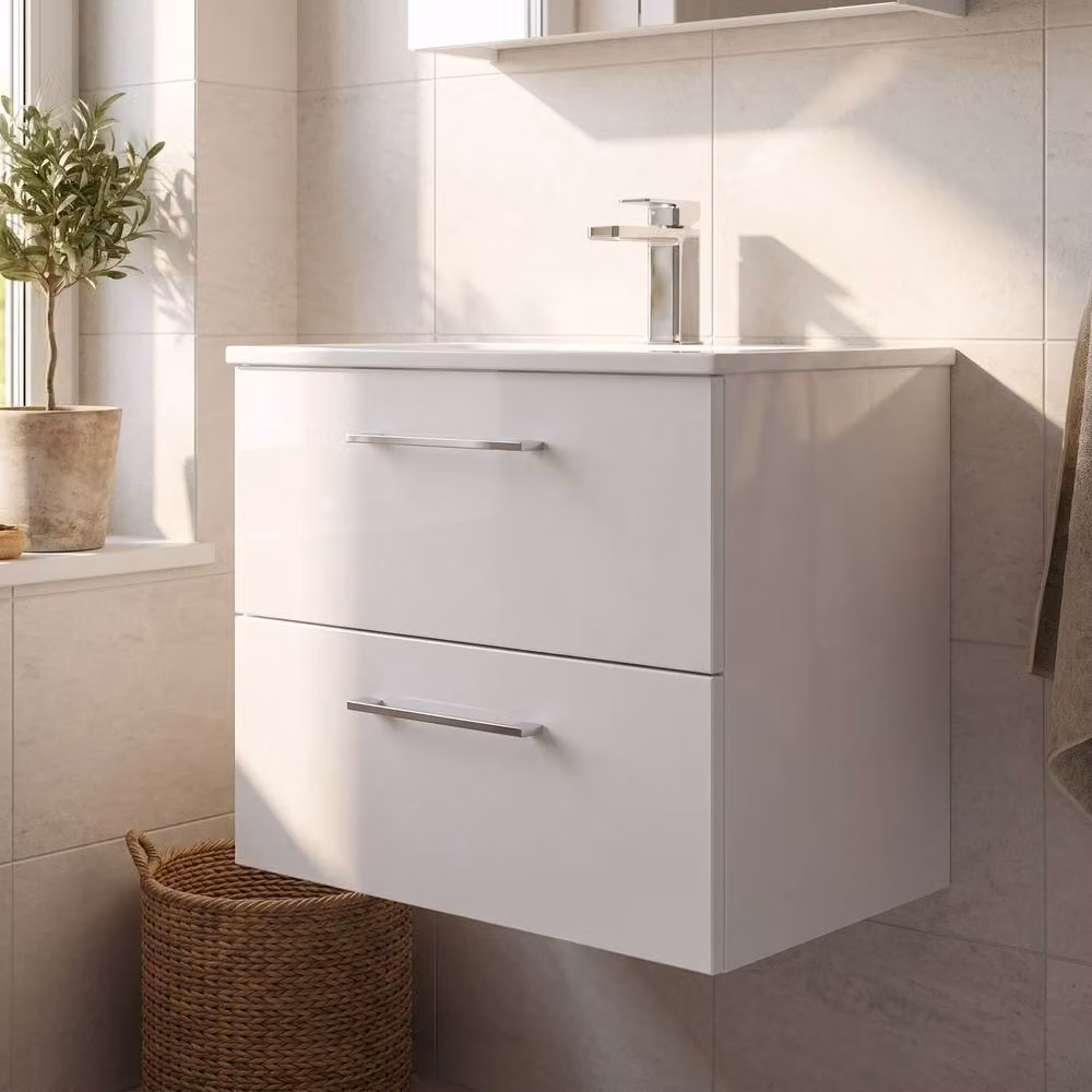 Balterley White Glossy 2-Drawer Wall-Hung Curved Basin Vanity Unit, Width: 60 cm – 2
