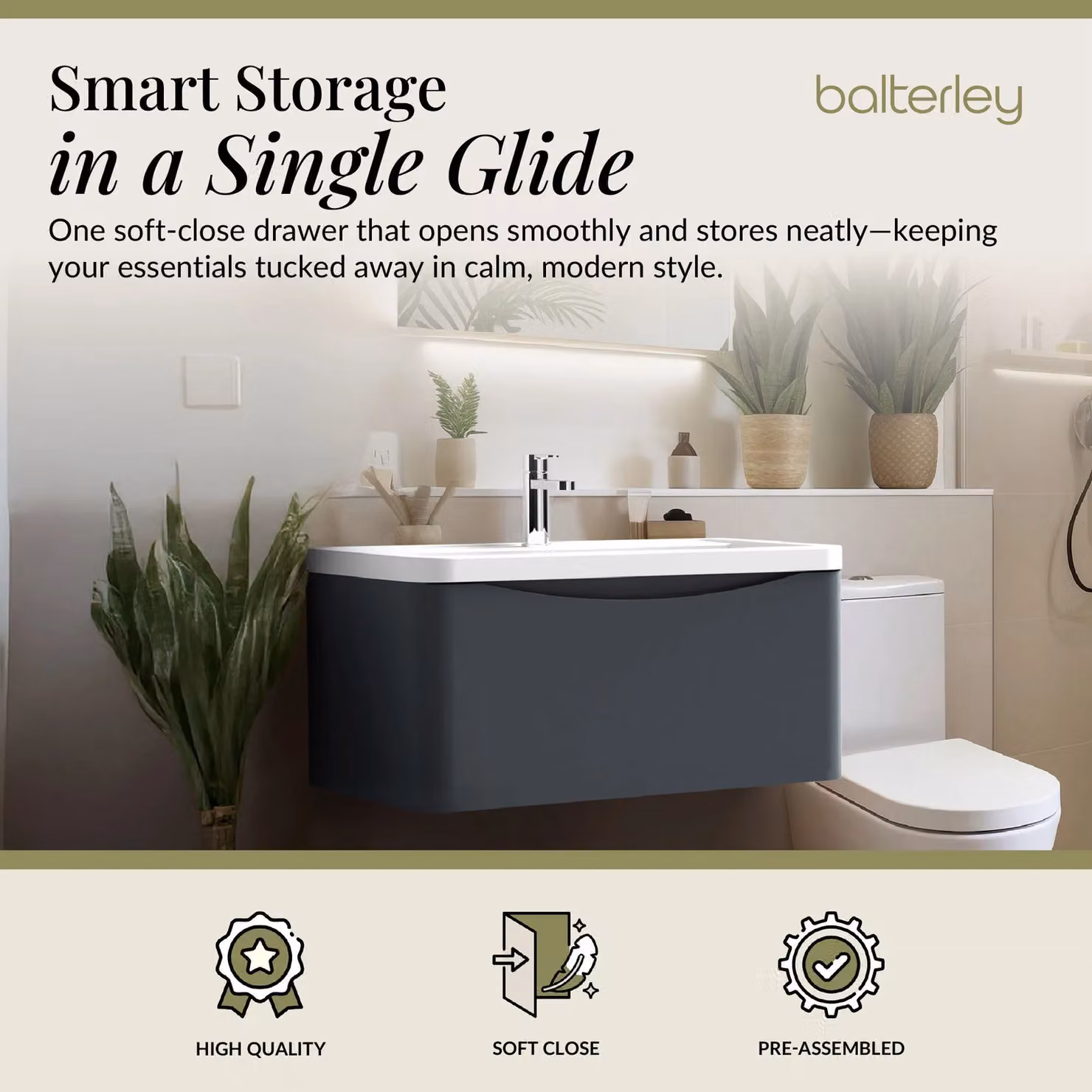 Balterley Wall Hung 1 Drawer Bathroom Vanity Unit and Basin, Dark Grey, Width: 75.5 cm – 2