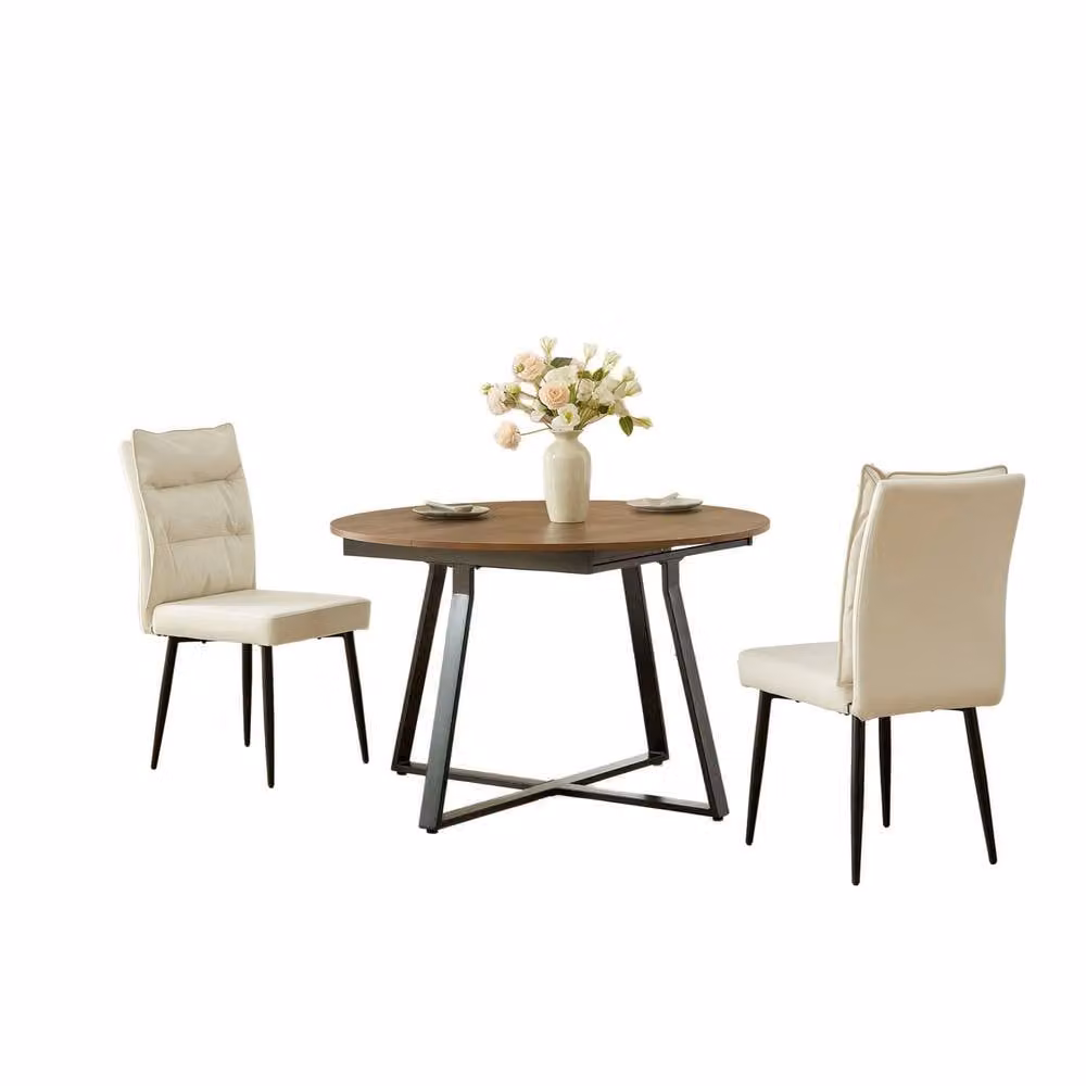 FURNITURE ONE 3-Piece Dining Set with Expandable Round Table and 2 Chairs in Beige – 2