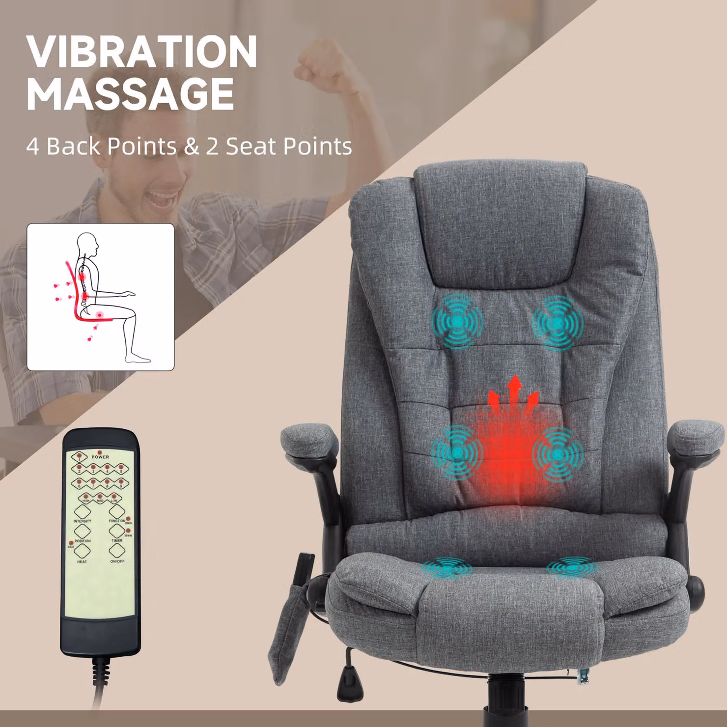 Vinsetto Ergonomic Grey Fabric Massage Office and Gaming Chair with Heated Back and Adjustable Arms – 5