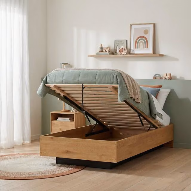 Noa and Nani Single 3ft Gas Lift Ottoman Bed with Underbed Storage in Brown Pine Wood, W/D/H: 90 x 190 cm