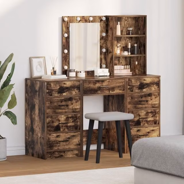 Berkfield Home 3-Piece Hollywood LED Dressing Table Set in Smoked Oak Brown – 1