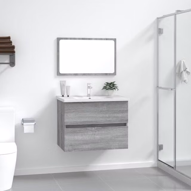 Berkfield Home 2 Piece Modern Grey Bathroom Furniture Set with Vanity Unit and Mirror Cabinet