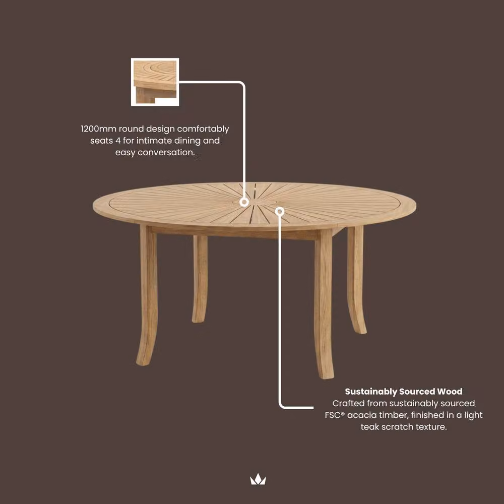 Royalcraft MARIS 4-Seater Round Acacia Wood Dining Table in Natural Brown and Sand, Diameter: 120 cm – 3