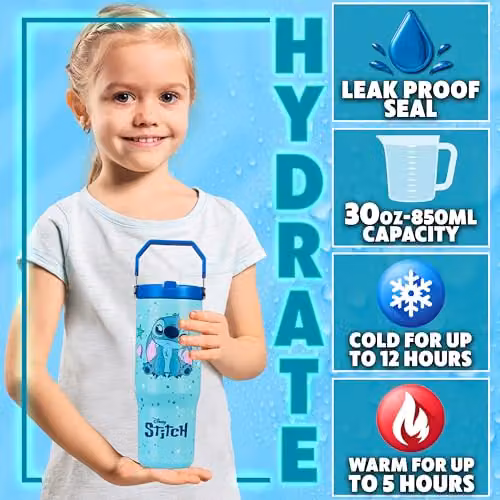 Get Trend Disney Stitch Insulated Metal Travel Tumbler with Flip Up Straw and Handle, Blue, 850ml – 2