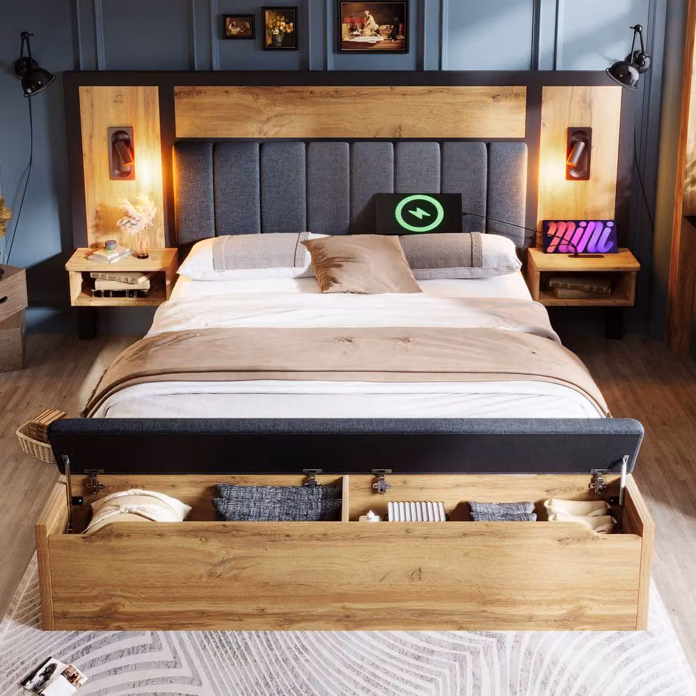 Merax Oak King Upholstered Bed in Grey with Lift-Up Storage, Integrated Reading Lights, Bedside Shelf and USB Charging Port, W/D/H: 150 x 200 cm – 7
