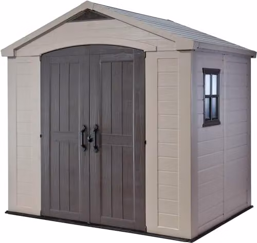 Keter Factor Outdoor Storage Shed with Double Doors and Window, Beige/Brown, W: 243.0 cm, D: 182.0 cm, H: 256.6 cm
