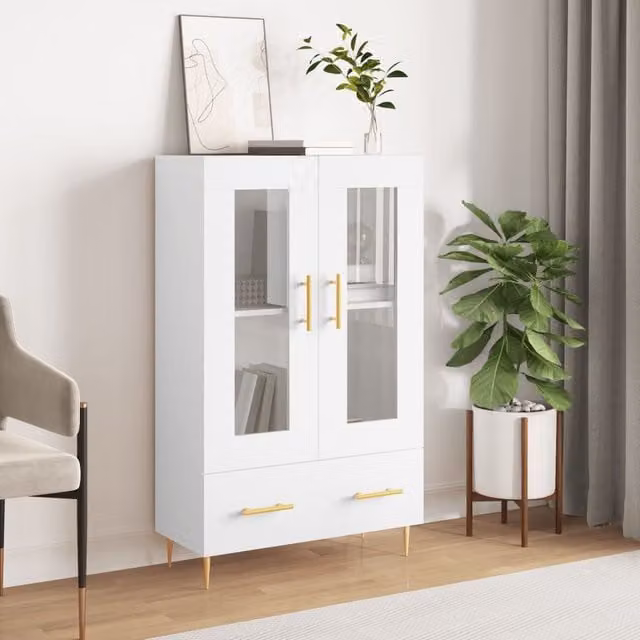 Berkfield Home Modern White Highboard with Glass Doors, W/D/H: 69.5 x 31 x 115 cm