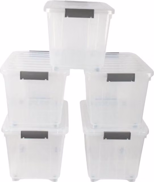 SPETLEK Pack of 5 Clear Plastic Storage Boxes with Wheels, 44L Capacity