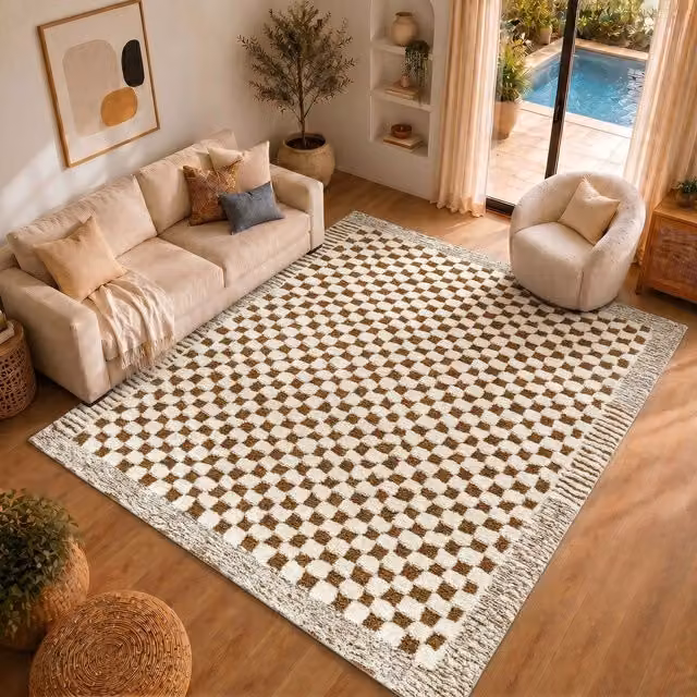 Livabliss Freud Modern Checkerboard High Pile Living and Dining Rug in Black and Brown, W: 80 cm, L: 220 cm