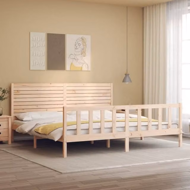 Berkfield Home Beautiful Super King Size Solid Wood Bed Frame with Headboard in Natural Brown – 1
