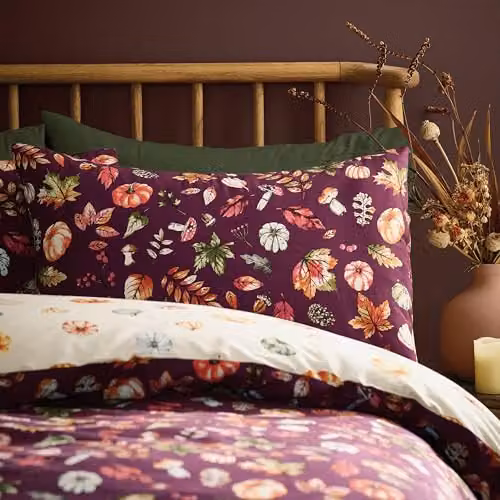 Catherine Lansfield Autumn Pumpkins Reversible Double Duvet Cover and Pillowcase Set in Purple, W/D/H: 200 x 200 x 50 x 75 cm – 2