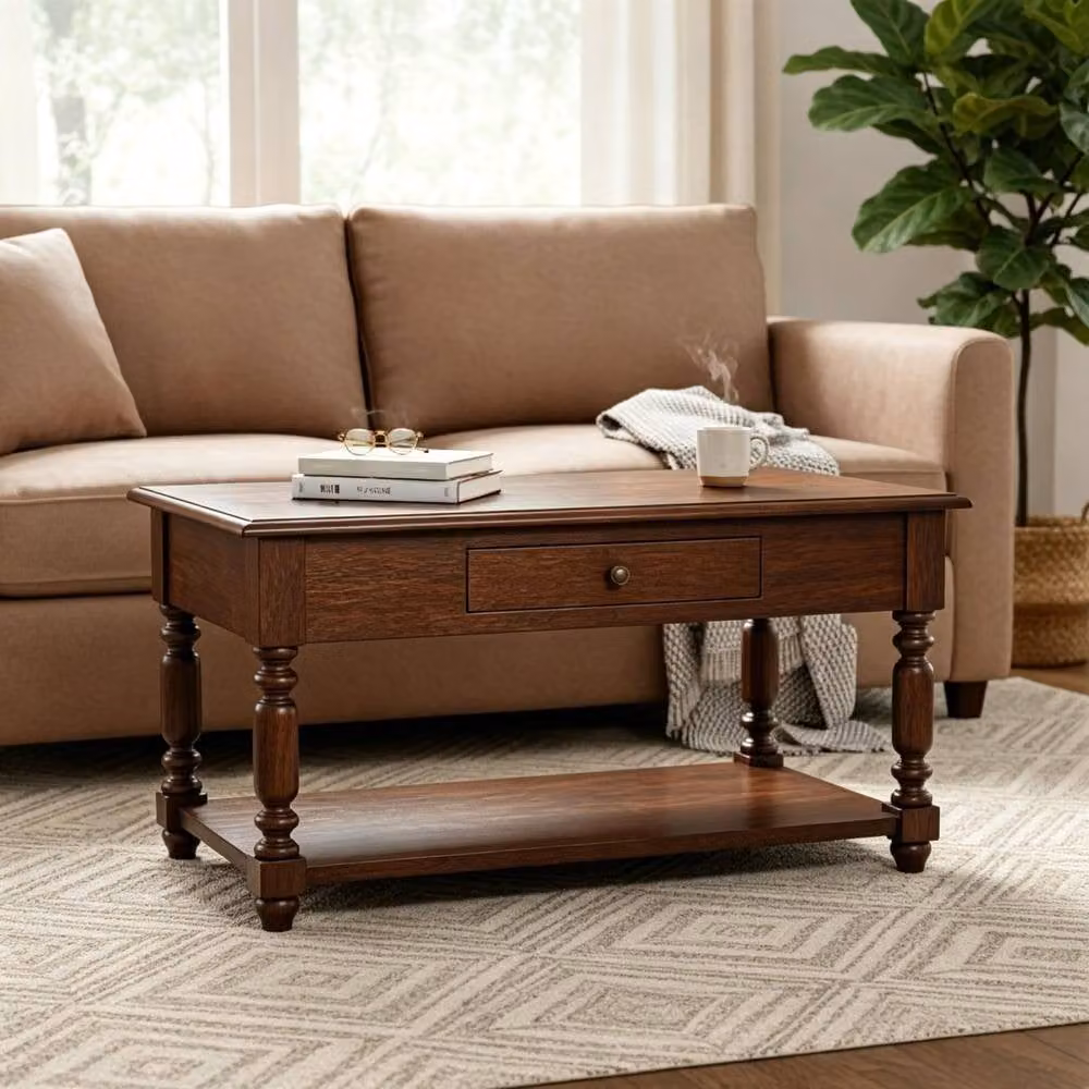 STILVORA Mango Wood Coffee Table with Drawer and Shelf in Brown – 2