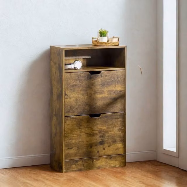 FURNOS Rustic Brown Hallway Shoe Storage Cabinet with 2 Drawers and Open Shelf, W/D/H: 60 x 24 x 102 cm