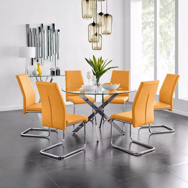 FurnitureboxUK Novara Round Glass Dining Table with 6 Lorenzo Chairs Set, Chrome and Yellow
