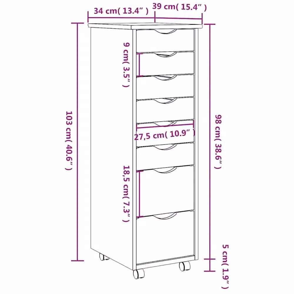 Berkfield Home Rolling Cabinet with Drawers in Moss Grey Solid Pine Wood, W: 39.0 cm, D: 34.0 cm, H: 103.0 cm – 3