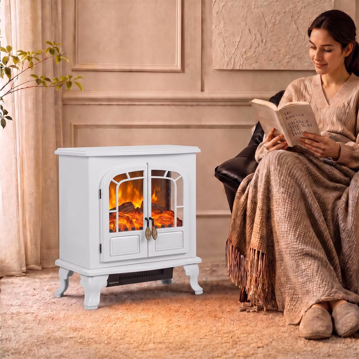 HOMCOM Freestanding Electric Fireplace Stove Heater with LED Flame Effect in White – 2