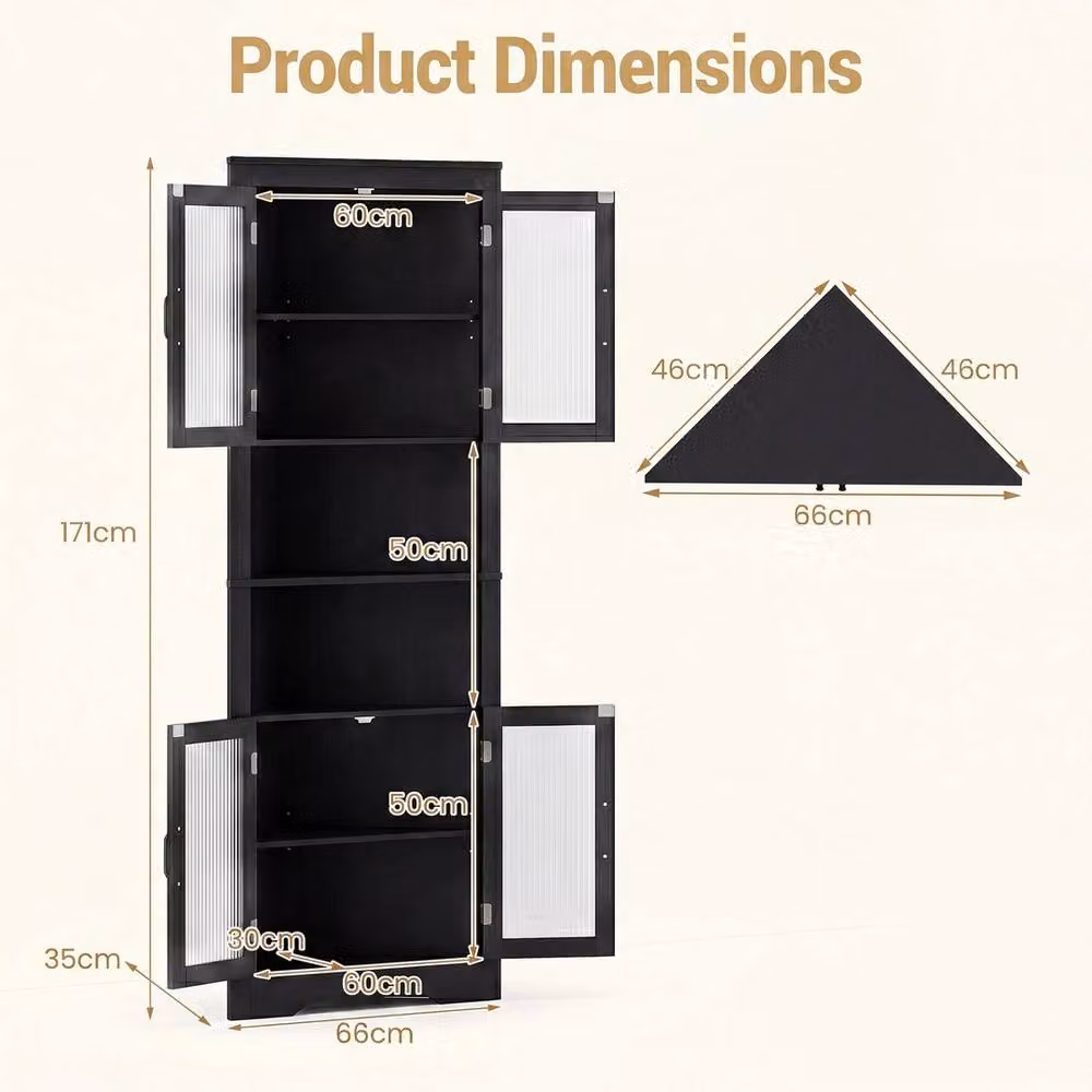 EONLION Modern Black Corner Cabinet with Glass Doors and Internal Shelves, Height: 171 cm, Width: 100 cm – 2