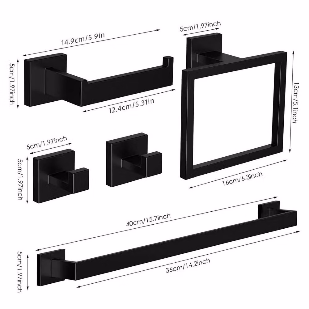 Kelvenix 5-Piece Black 304 Stainless Steel Wall-Mounted Bathroom Set Including Towel Rack, Toilet Roll Holder, Towel Ring and Towel Hooks – 2
