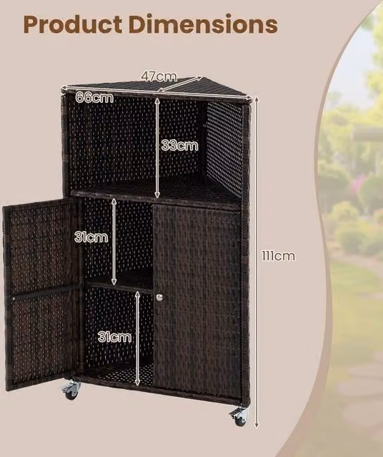 KORVIXA Brown Rattan Outdoor Corner Storage Cabinet with Hinged Doors and Internal Shelves, W/D/H: 100 x 100 x 100 cm – 1