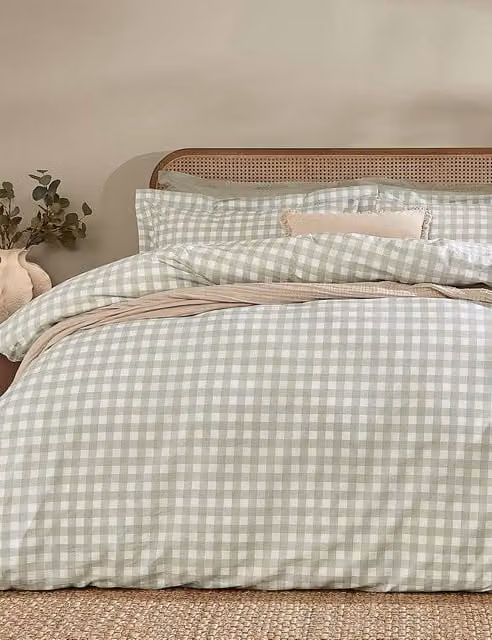 YARD Barton Gingham Checked Cotton Percale Bedding Set, Green Mix, 200 x 200 cm