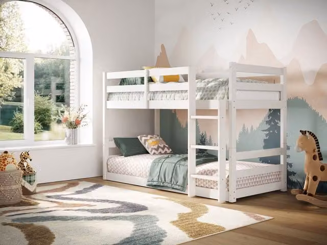 Flair Shasha Low Shorty Bunk Bed in White, Junior Size, Solid Pine Wood