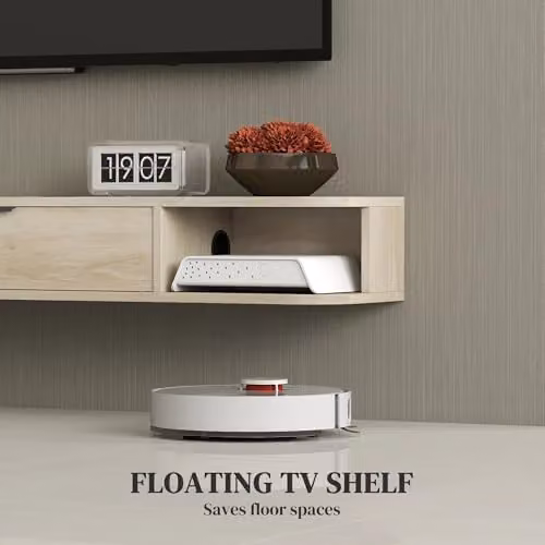 HOMCOM Modern Floating TV Unit with Flip Drawer and Shelves, Natural and Black – 3
