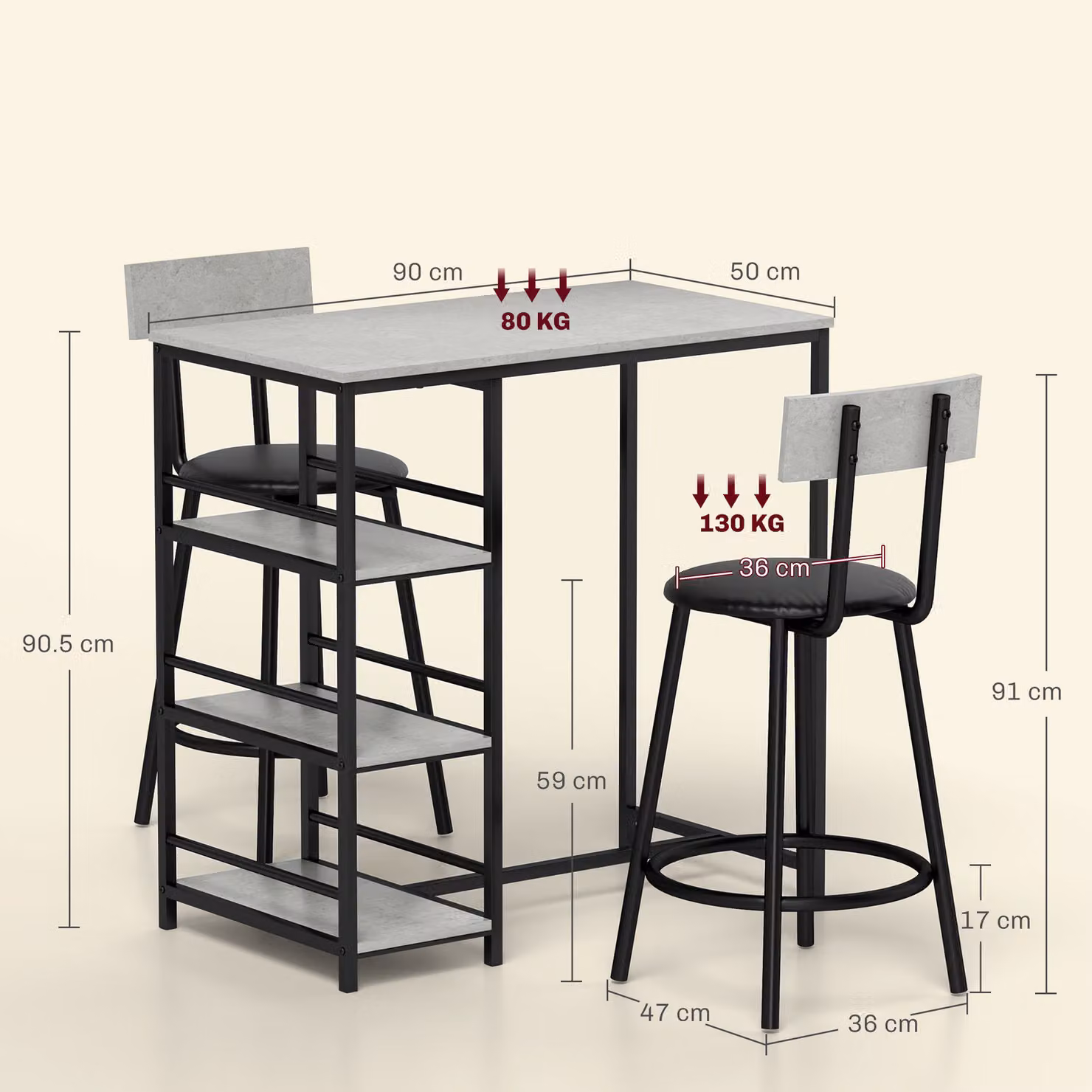 HOMCOM Three-Piece Industrial Kitchen Dining Set with Serving Tiers in Grey and Black – 3