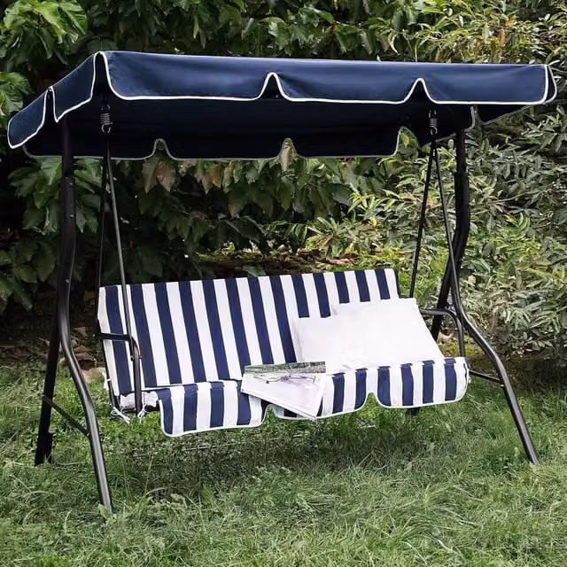 Wyld and Coco 3-Seater Patio Swing Chair with UV-Resistant Sun Canopy, Blue Striped, Powder Coated Steel Frame, W/D/H: 174 x 147 x 118 cm