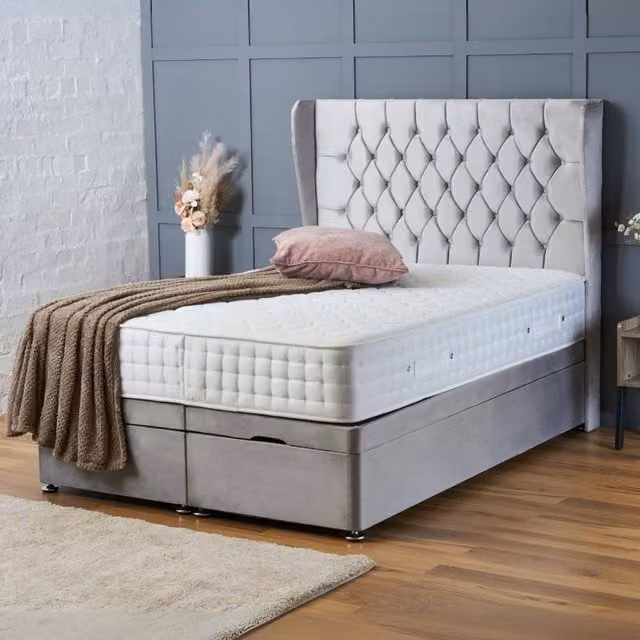 BSSPOKE Amelia Super King Ottoman Divan Bed with 54 inch Headboard and Mattress in Silver Plush Velvet