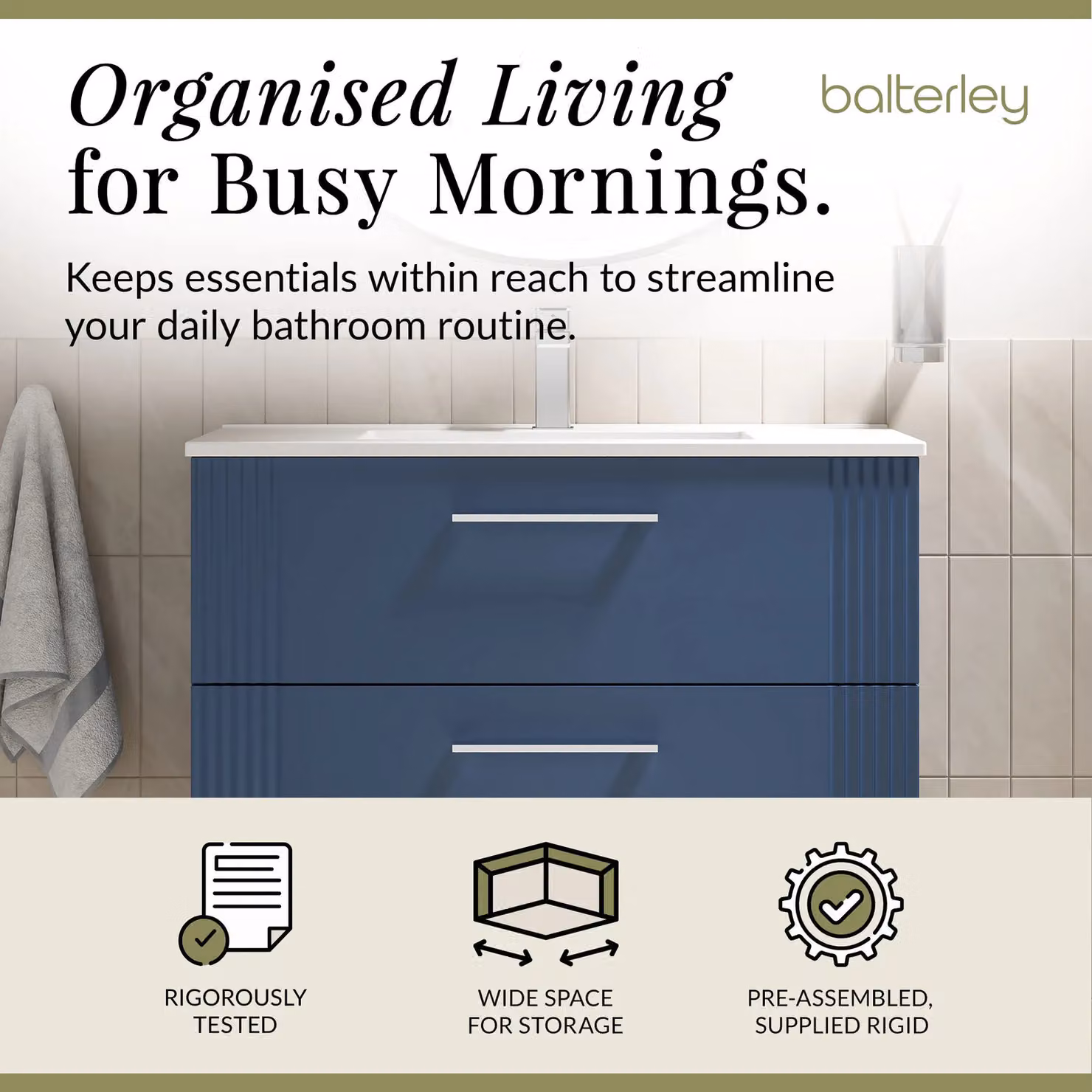 Balterley Wall Hung 2 Drawer Vanity Unit with Minimalist Basin, Satin Blue – 2