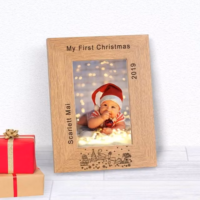Uniqueful Personalised My First Christmas Single Photo Frame in Brown Wood, W/H: 10 x 15 cm