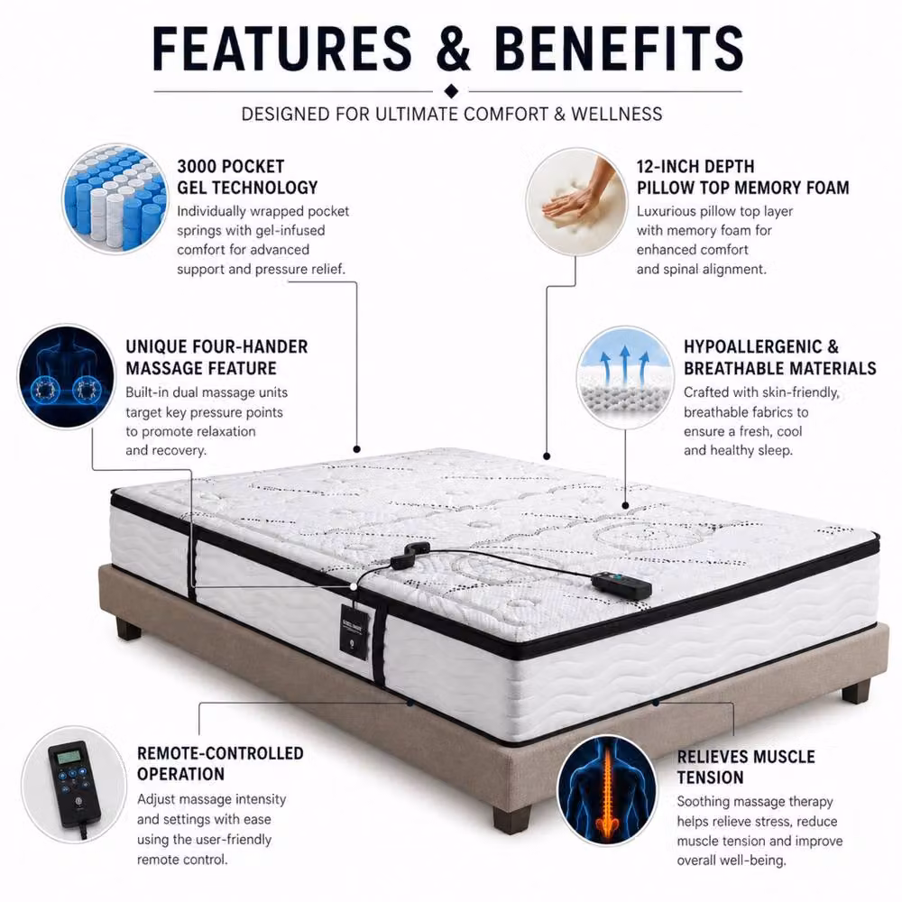 Stratus Interiors Prime Massage 3000 Pocket Gel Hybrid Mattress in White, Super King, W/D/H: 200 x 200 cm – 5
