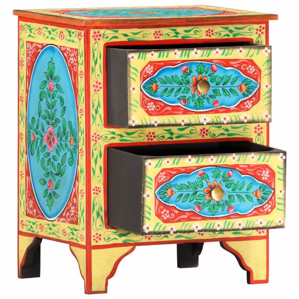 Berkfield Home Hand Painted Floral Bedside Cabinet in Multicolour Solid Mango Wood, W: 40 cm, D: 30 cm, H: 50 cm – 2