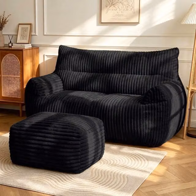 Aosom UK Oversized 2-Seater Corduroy Sofa with Matching Ottoman, Black, W/D/H: 135 x 100 x 75 cm